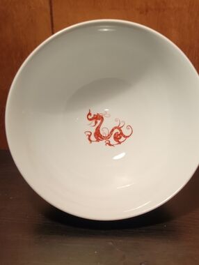 Cordon Bleu White, Red Dragons, Black Writing 9" Bowl - Logo Backstamp